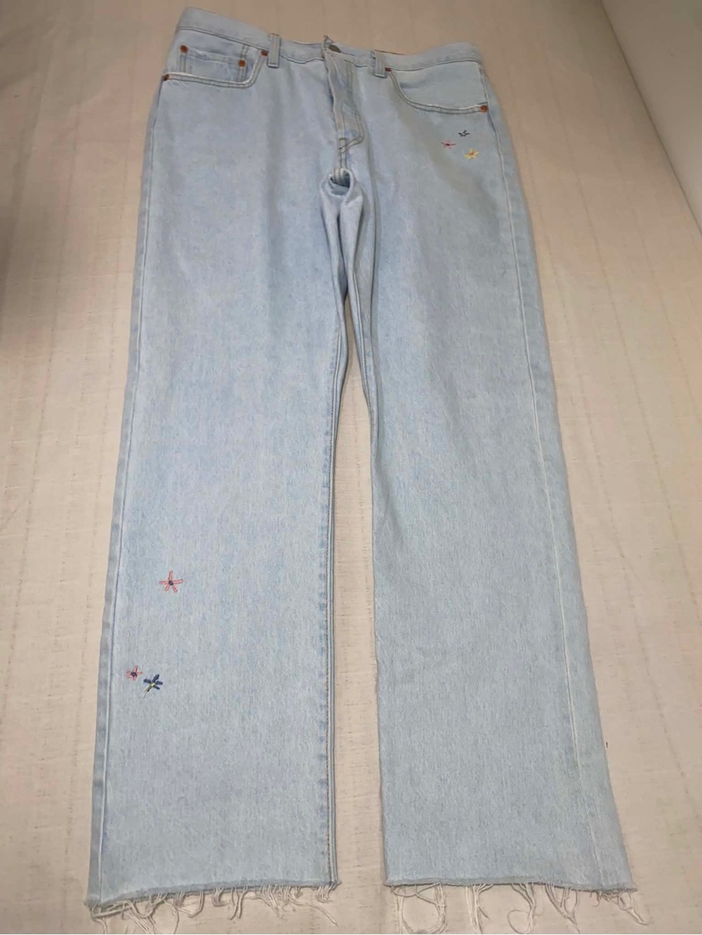 Levi's 501 Light Blue Wide-Leg Jeans with Tiny Multicolor Flower Embroidery